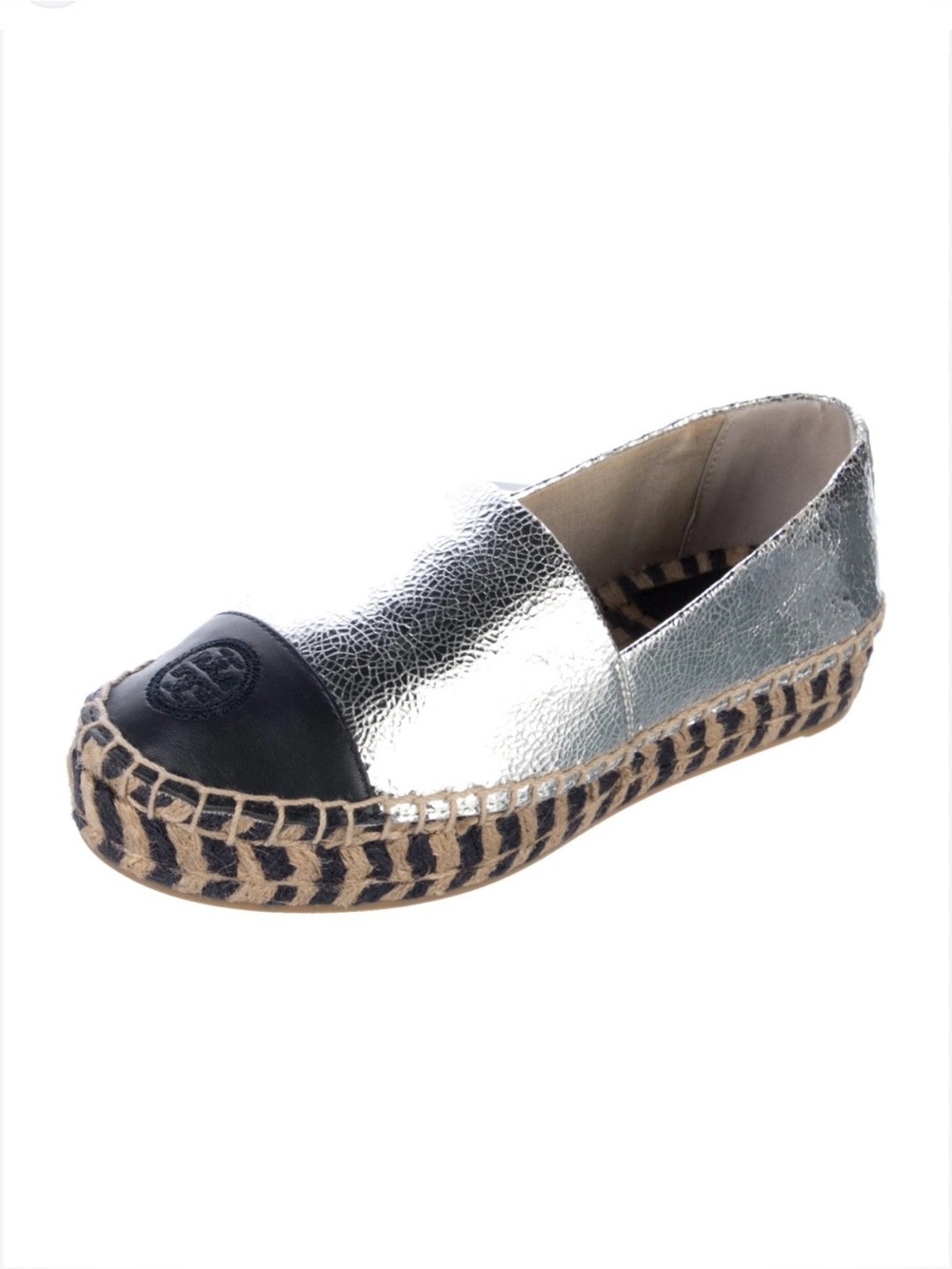 Tory Burch Silver Metallic Espadrille with Black Cap Toe